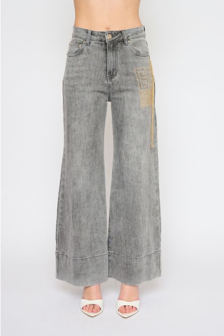 Jeans Wide Logo Strass