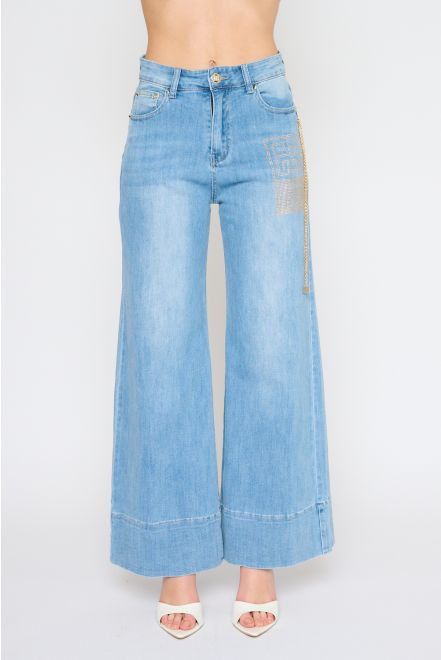 Jeans Wide Logo Strass